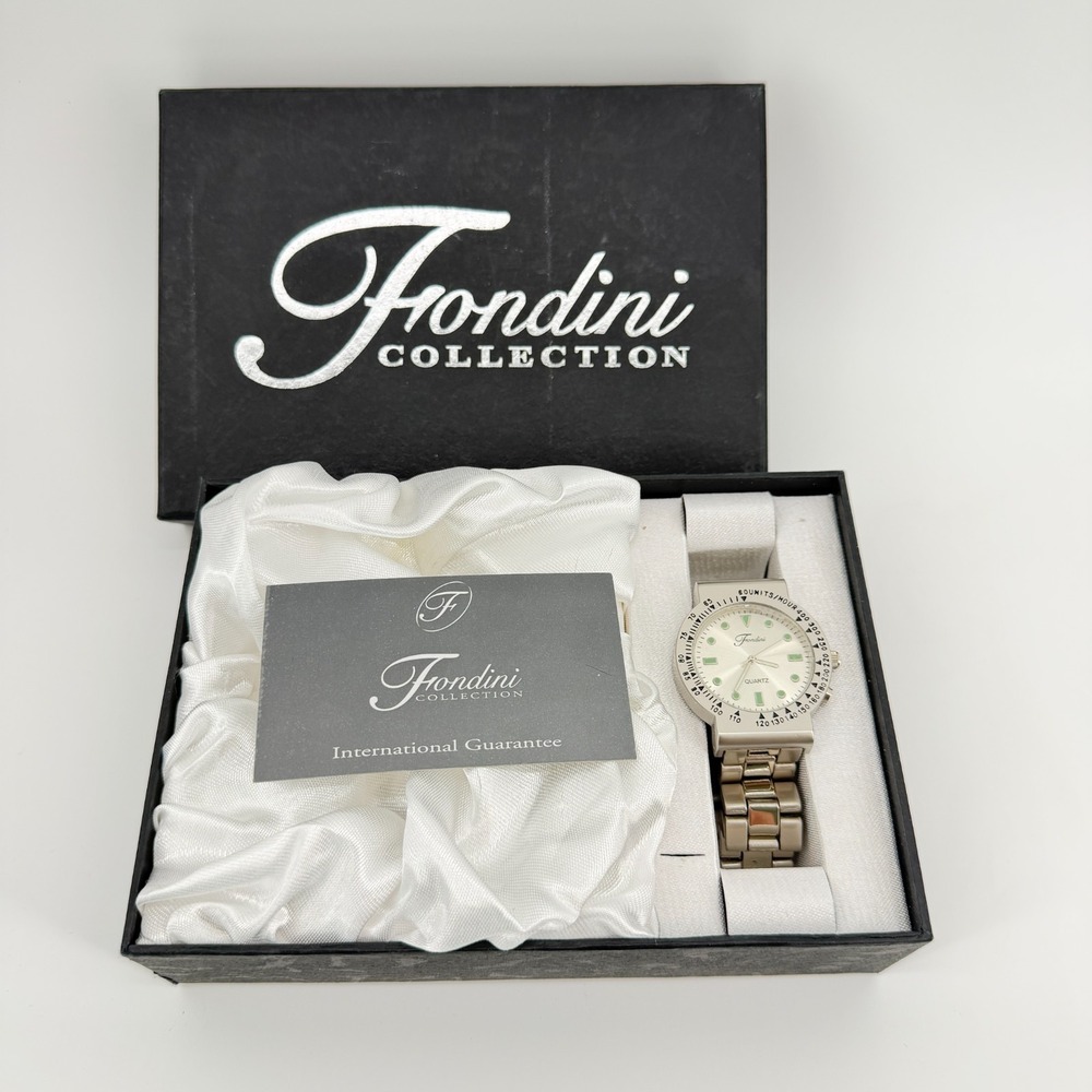 Vintage Men Fondini Watch Bracelet Band Silver Case Black Accent Luminous Indexe